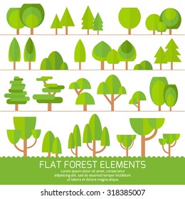 Trendy Set of different trees, bushes , grass and other natural objects. Sprites for the game. Vector flat illustration