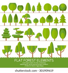 Trendy Set of different trees and other natural objects. Sprites for the game. Ecology clean air.Vector flat illustration.