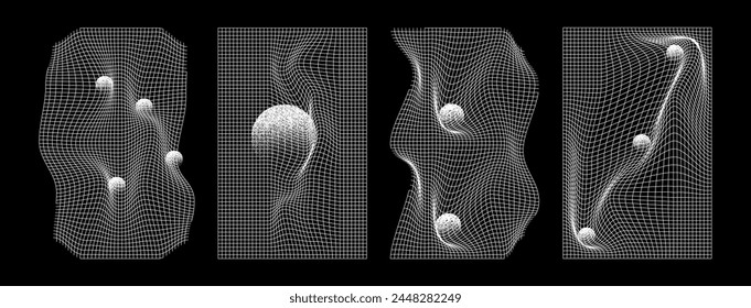 Trendy set of distorted grids in the style of the 2000s. Rave, synthwave torn mesh with a ball texture vintage stipple. Vector print, poster, template, background.