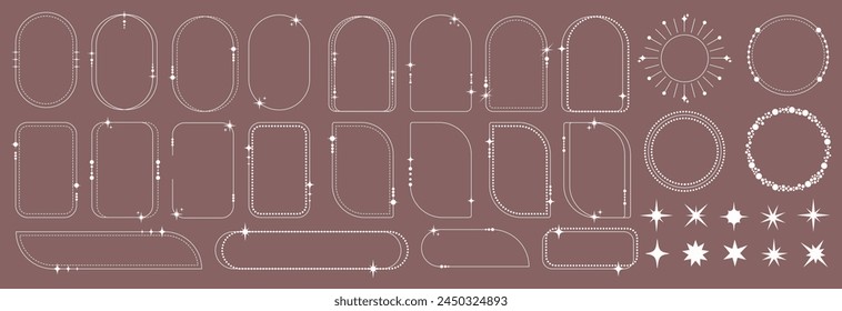 Trendy set of elegant frames, linear ornament, stars. Classic retro minimal elements for design, template, poster, social media. Square, oval, circle, rectangle. Vector illustration in boho style.