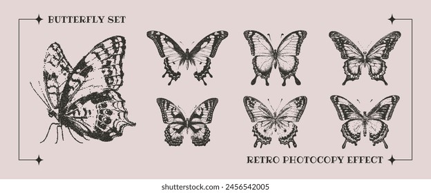 Trendy set of elements with a retro photocopy effect. Mesh grain texture for collage elements, poster banners, and covers. Vector butterflies for mixed design techniques.