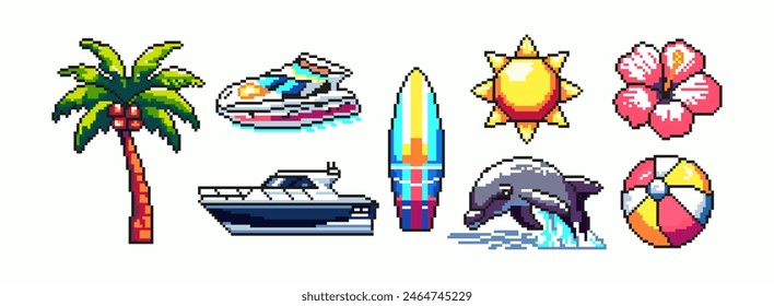 Un conjunto de Elementos de moda para las vacaciones de verano en el estilo de pixel art, aislado sobre un fondo blanco. Inspirado en los juegos de los 80, 90. Palmera, yate, lancha rápida, hibisco, campana, sol, barco de surf