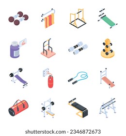 Trendy Set of Exercise Tools Isometric Icons 

