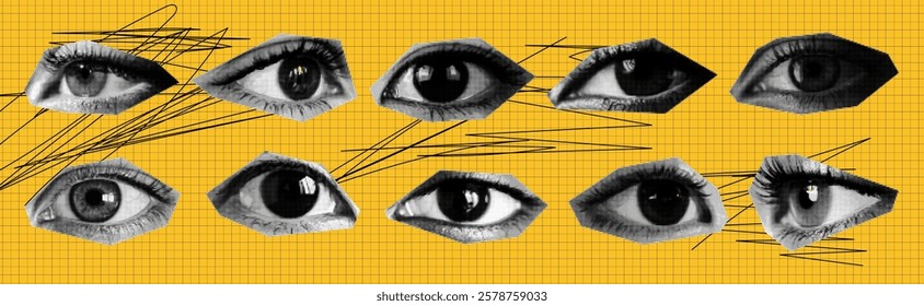 Trendy set of eyes cut out of a magazine. A punk collage with isolated elements in halftone. Vector illustration of vintage design