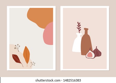 Trendy Set von Herbst Grußkarten, Einladungen. Feigenfrucht, bunter Herbstblätter und Vase. Abstrakte geometrische Formen. Moderne minimalistische Zeichnungen, Wandkunst, Plakate. Flache Vektorgrafiken.