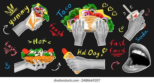 Conjunto de moda de pegatinas de comida rápida en las manos con efecto de semitono y garabatos de lápiz para niños, textura áspera. Labios, gaseosa, hot dog, taco en estilo collage retro.