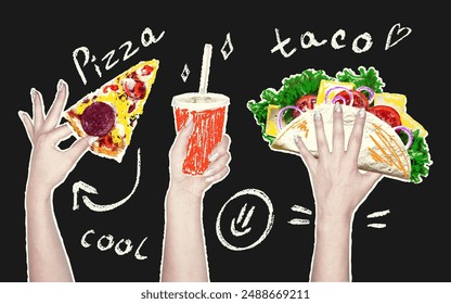 Trendy set of fast food stickers in hands with halftone effect and children's pencil doodles, rough texture. Piece of pizza, soda and tacos in retro collage style.