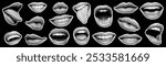 Trendy set of female lips with a halftone effect. Various female mouths cut out from newspaper in retro collage style.