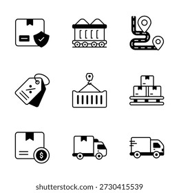 Un conjunto de moda de iconos de diseño plano para la entrega, logística, envío y comercio.