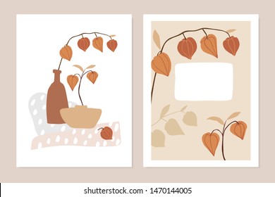 Trendy set of floral fall greeting cards, invitations. Physalis fruit, leaves, branches and vase. Abstract geometric shapes. Modern minimalist drawings, wall art, posters. Flat vector illustrations.