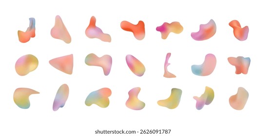 Conjunto de moda de Formas orgánicas de degradado de malla de color naranja fluido, azul, verde y rosa. Manchas digitales líquidas Abstractas de la acuarela del color del arco iris y blobs a mano alzada para el diseño del negocio, Anuncio, App de la UI