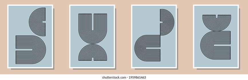 Trendy set of four abstract creative minimalist artistic hand painted composition ideal for wall decoration, as postcard or brochure design, vector illustration