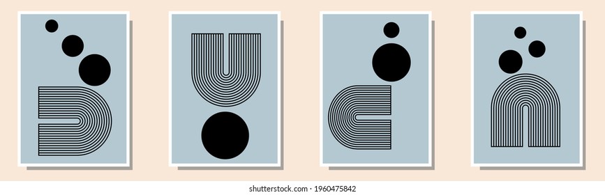 Trendy set of four abstract creative minimalist artistic hand painted composition ideal for wall decoration, as postcard or brochure design, vector illustration