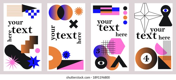 Trendy set with four insta or social media vertical stories or banners with abstract geometric elements with gradient. Vector abstract backgrounds in minimal trendy style with copy space for text.