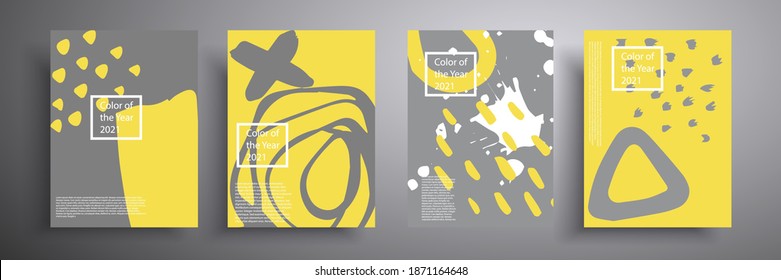 A trendy set of geometric covers in trending colors yellow and gray. Vector graphics. Compositions for book covers, posters, flyers, magazines, business annual reports