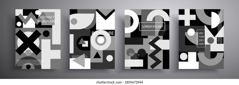 Trendy set of geometric covers. Vector graphics. Monochrome patterns. Suitable for brochures, posters, covers and banners