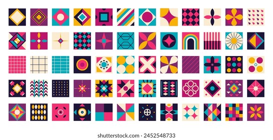 Trendy set of geometric elements in brutalism style. Retro tiles with contemporary abstract shapes, vibrant colors, vector geometry aesthetic
