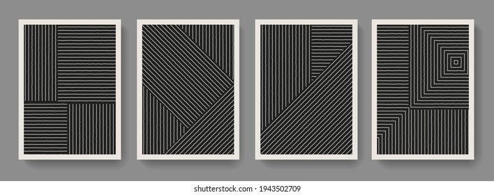 Trendy set of geometrical minimalist mid century modern posters. Abstract boho style backgrounds.