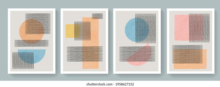 Trendy set of geometrical minimalist mid century modern posters. Abstract boho style backgrounds. Cute colorful contemporary art minimal placards.