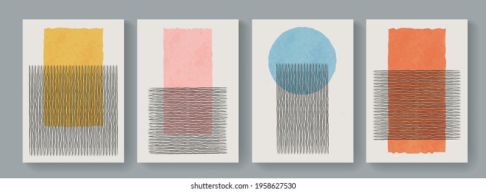 Trendy set of geometrical minimalist mid century modern posters. Abstract boho style backgrounds. Cute colorful contemporary art minimal placards.