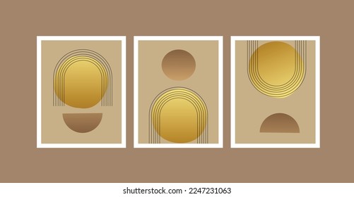 Trendy set of geometrical minimalist mid century modern posters. Abstract boho style backgrounds. Cute colorful contemporary art minimal placards.wall decor Burnt yellow, terracotta color, mustard hue