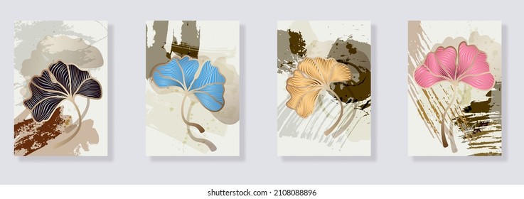 Trendy set of ginkgo biloba leaves and abstract forms. Minimal botanical wall art. Mid century modern graphic. Plant art design for luxury elegant wall art ,interior design, printing, invitation