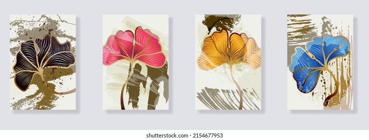 Trendy set of ginkgo biloba leaves and abstract forms. Minimal botanical wall art. Mid century modern graphic. Plant art design for elegant wall art , interior design, printing, invitation. Vector