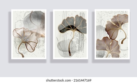 Trendy set of ginkgo biloba leaves and abstract forms. Minimal botanical wall art. Mid century modern graphic. Plant art design for elegant wall art , interior design, printing, invitation. Vector