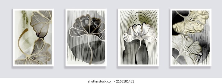 Trendy set of ginkgo biloba leaves and abstract forms. Minimal botanical wall art. Mid century modern graphic. Plant art design for elegant wall art , interior design, printing, invitation. Vector