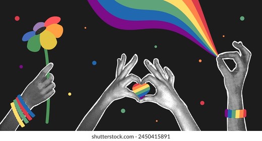 Trendy set of halftone collages on dark background. Hands holding LGBT emblem, rainbow, flower, flag. Gender, diversity, unity concept. Vector flat illustration for poster, postcard, banner, sticker.