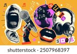 Trendy set of halftone paper stickers torn from newspapers on the theme of singing in a karaoke club, retro party. Headphones, singing mouth, hand with mike, disco ball. Vector illustration.