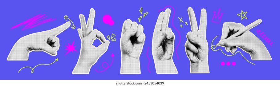 Trendy set of hand gestures. Halftone graphic elements for collage. Vector illustration.