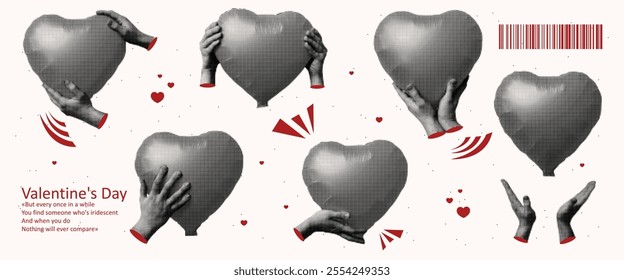 Trendy set of hands holding a ball in the shape of a heart in the style of pop art. The texture of the grunge undertones demonstrating gestures of love and cordiality. Realistic vector illustration.