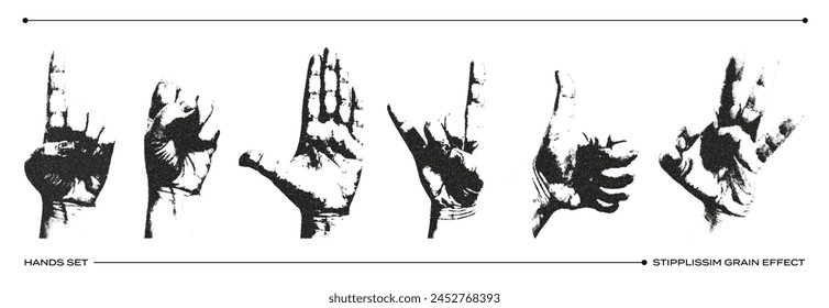 Trendy set of hands with retro photocopy effect. Gestures in the style of 2000. Grain effect elements. Modern vector illustration.