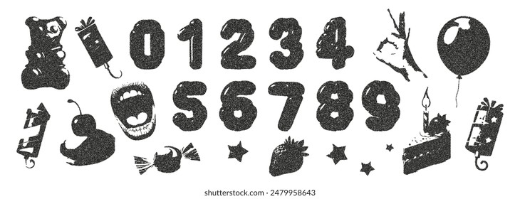 Trendy set of holiday items with a retro photocopy effect. Mouth, hand, cupcake, numbers, firecrackers, confetti, star, strawberry, cherry in halftone tones for the design of collages, Y2K banners.