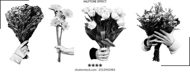 Trendy set of human hands with bouquet of flowers. Vintage halftone effect. Vector dots texture