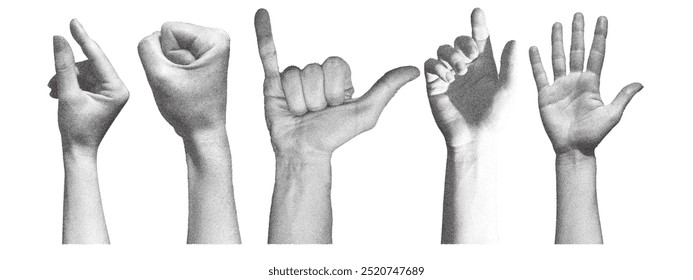 Trendy set of human hands gestures. Retro photocopy effect. Vector elements in pop art style