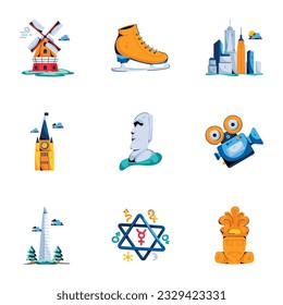 Trendy Set of Landmarks and Equipment Flat Icons 

