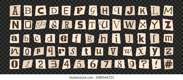  Trendy set of letters and numbers on torn sheets of paper in a vintage style. Retro torn paper for anonymous messages, banners, posters, social networks. Vector illustration.