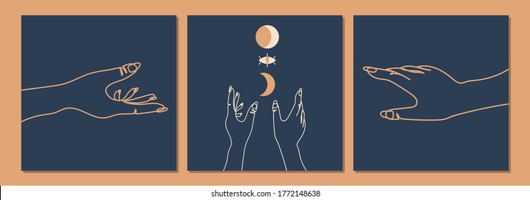 Trendy set with line art hands, aztec style, tribal art, ethnic collection, vector illustration.