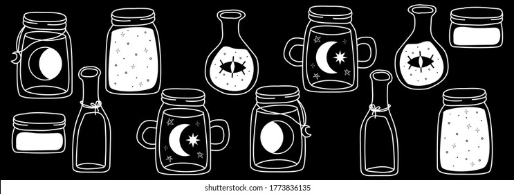 Trendy set with line art jars, aztec style, tribal art, ethnic collection, vector illustration.