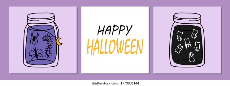 Trendy set with line art jars, scary decorative element for the holiday. Can be used for decor of invitations, poster, postcard.