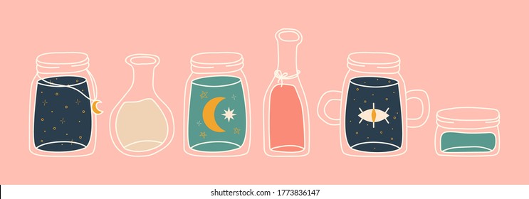 Trendy set with line art jars, aztec style, tribal art, ethnic collection, vector illustration.