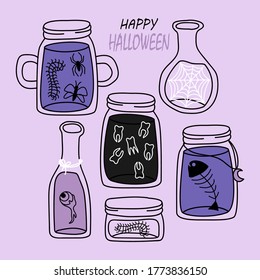 Trendy set with line art jars, scary decorative element for the holiday. Can be used for decor of invitations, poster, postcard.