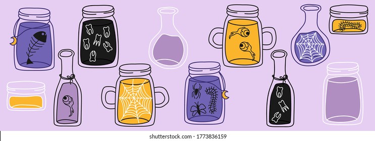 Trendy set with line art jars, scary decorative element for the holiday. Can be used for decor of invitations, poster, postcard.