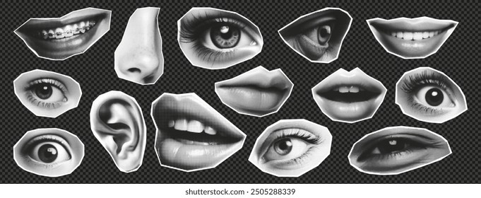 Conjunto de moda de labios, ojos, orejas, nariz pegatinas para collages de semitonos. Plantilla retro en tonos medios para un Anuncio, póster, postal sobre un fondo aislado. Vector.