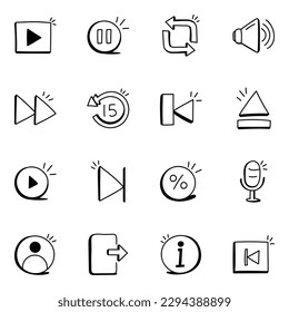 Juego de iconos de doodle de botones de control y medios de moda

