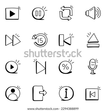 Trendy Set of Media and Control Buttons Doodle Icons

