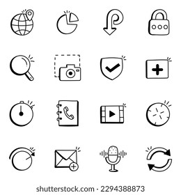 Juego de iconos de doodle de botones de medios e interfaz de moda

