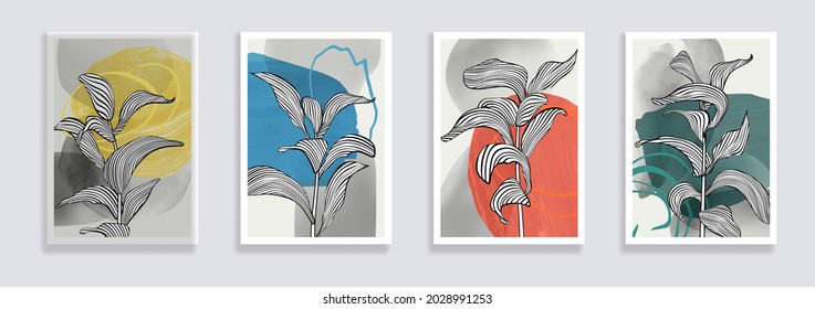  Trendy Set Of Minimalist Abstract Leaves And Abstract Forms. Minimal Botanical Wall Art. Mid Century Modern Graphic. Plant Art Design For Social Media, Blog Post, Print, Cover, Wallpaper. Vector